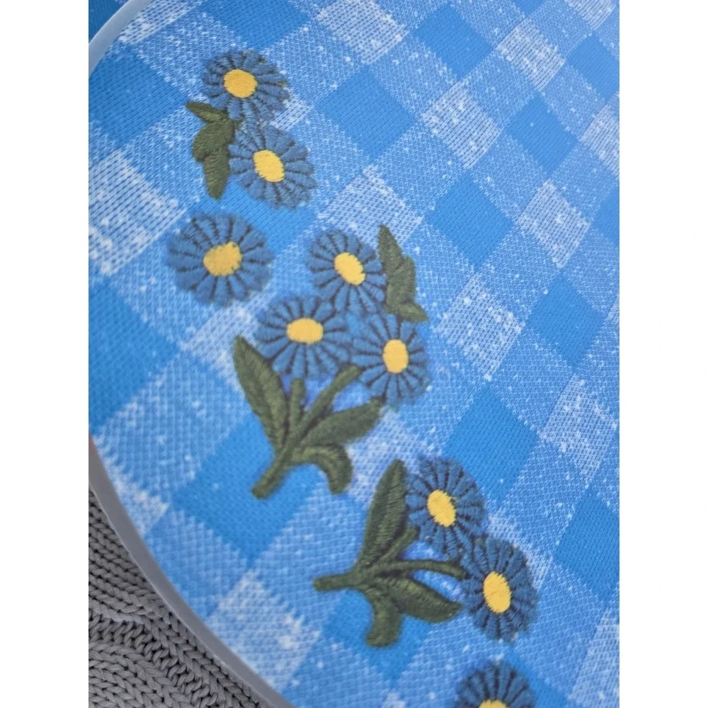 VTG Set of 6 Reversible Oval Laminated Placemats Blue Gingham Daisy Floral w/box